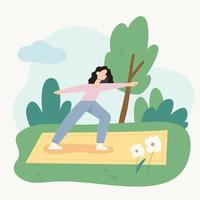 een vrouw doet yoga op een mat in het park. platte ontwerpstijl minimale vectorillustratie. vector