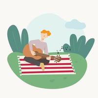 een man zit op een deken in het park en speelt gitaar. platte ontwerpstijl minimale vectorillustratie. vector