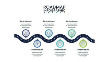 routekaart bedrijf infographic tijdlijn ontwerp sjabloon met pictogrammen, zes stappen of opties vector