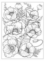 kleurplaat met klaprozen en bladeren. vector pagina om in te kleuren. bloem kleurplaat. bloemenprint. overzicht papavers. zwart-wit pagina voor kleurboek. anti-stress kleuring. lijntekeningen bloemen