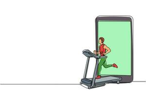 enkele één lijntekening smartphone en man loopt op gemotoriseerde loopband. sportieve man op elektrische trainingsmachine. fitnessclub, gymhulpmiddel. doorlopende lijn tekenen ontwerp grafische vectorillustratie vector