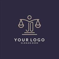 jo initialen gecombineerd met de balans van gerechtigheid icoon, ontwerp inspiratie voor wet bedrijven in een modern en luxueus stijl vector