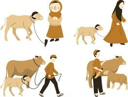 vector illustratie van een reeks van moslim mensen met koe, geit . eid al adha