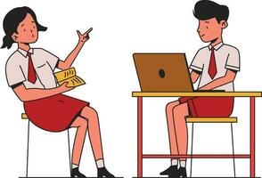 jong schooljongen en meisje zittend Aan de school- Bij bureau en werken Aan laptop. vector illustratie