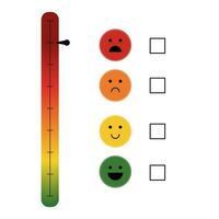 thermometer schaal van stemming, indicator. emotie tekenfilm gezicht geluk, glimlacht, woede. warmte en verkoudheid vector