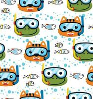 naadloos patroon vector van grappig kat en kikker in duiken stofbril, vis Aan bubbel water achtergrond