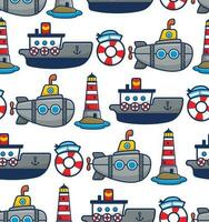naadloos patroon vector van tekenfilm schip met onderzeeër, het zeilen elementen illustratie