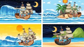 set van verschillende strandtaferelen met piratenschip vector