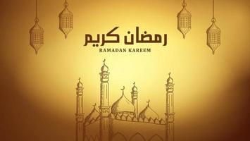 Arabische kalligrafie ramadan kareem achtergrond met moskee en lantaarn hand getrokken illustratie vector