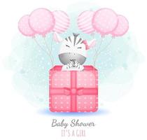 babyshower het is een meisje. schattige babyzebra in een geschenkdoos met ballonnen premium vector