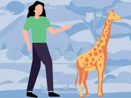 de meisje is staand De volgende naar de giraffe. vector