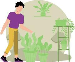 de jongen is nemen zorg van de planten. vector