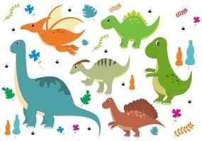 schattige dinosaurussen stripfiguren illustratie als spinosaurus, parasaurolophus, stegosaurus, tyrannosaurus, pterodactyl en diplodocus vector