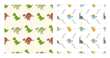 schattige cartoon dinosaurussen naadloze patroon als spinosaurus, parasaurolophus, stegosaurus, tyrannosaurus, pterodactyl en diplodocus op wallpaper achtergrond of posters. illustratie vector