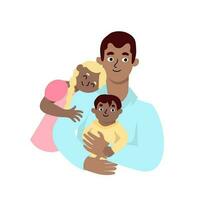 gelukkig vader dag. vader met zijn zoon en dochter in zijn armen. groet kaart voor de vakantie. ouder knuffels kinderen. warm verhouding tussen ouder en kinderen. vector illustratie in vlak tekenfilm stijl