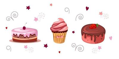 set van zoete desserts. taarten met chocolade, aardbeien, kersen, cupcake. vectorillustratie geïsoleerd op een witte achtergrond. cartoon stijl vector