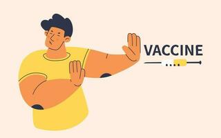 jong Mens duwt weg injectiespuit met vaccin met gebaar van zijn handen. boos, bang, Mens weigert profylactisch geneesmiddel. anti-vaccinatie protest. vector vlak karakter.