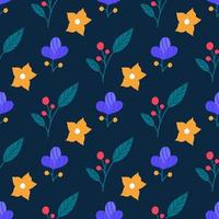 heldere schattige bloemen en planten op een blauwe achtergrond. vector naadloze patroon in een vlakke stijl