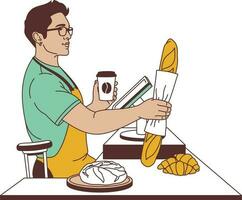 Mens met brood en koffie in tafel avatar karakter vector illustratie ontwerp