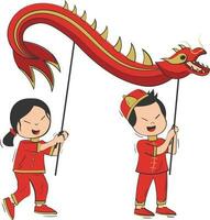 Chinese nieuw jaar jongen en meisje in traditioneel kostuum met draak. vector illustratie