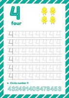 aantal traceren werkblad voor kinderen onderwijs. aan het leren getallen Pagina's. aantal vier vector