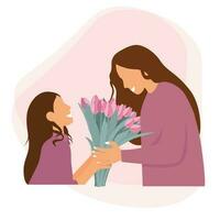 gelukkig moeder dag. dochter geven haar mamma bloemen.tulpen. mam knuffels haar dochter. moeder houdt kind handen. vector