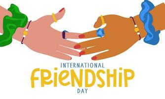 Internationale vriendschap dag. twee vrienden met identiek sieraden bereiken uit naar elk andere voor een handdruk. groet, vriendschap, vertrouwen, steun, goedkeuring. vlak ontwerp, vector concept, tekenfilm