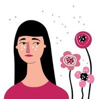 allergie. karakter met allergie tekens. tranen Aan de gezicht, rood neus, niezen. seizoensgebonden allergie diagnose en immunotherapie concept. vlak tekenfilm illustratie.vector vector
