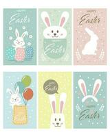 schattig Pasen konijn met eieren en bloemen. reeks van ansichtkaarten, stickers, tekenfilm kinderen stijl, vector. vector
