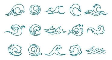 blauw oceaan zee golven set. lijn pictogrammen, logo's, vector