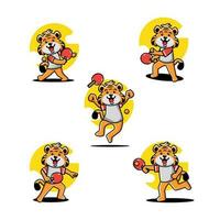 schattig tijger spelen tafel tennis mascotte karakter reeks vector