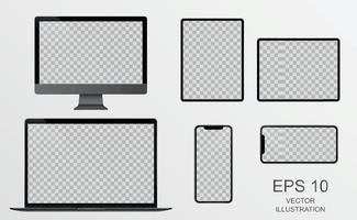 pc-monitor, laptop, tablet, smartphone in zwart, zilver en wit met reflectie - realistische vector