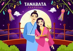 tanabata festival vector illustratie met mensen vervelend kimono en pioenen bloemen in nationaal vakantie vlak tekenfilm hand- getrokken Sjablonen