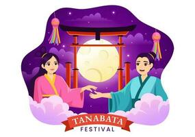 tanabata festival vector illustratie met mensen vervelend kimono en pioenen bloemen in nationaal vakantie vlak tekenfilm hand- getrokken Sjablonen