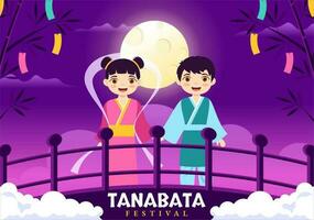 tanabata festival vector illustratie met kinderen vervelend kimono en pioenen bloemen in nationaal vakantie vlak tekenfilm hand- getrokken Sjablonen