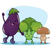 schattig aubergine broccoli en paddestoel groenten vector illustratie