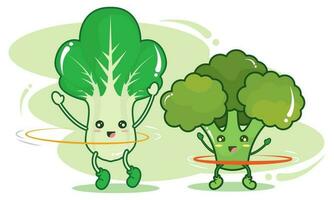 schattig spinazie en broccoli groenten spelen samen vector illustratie