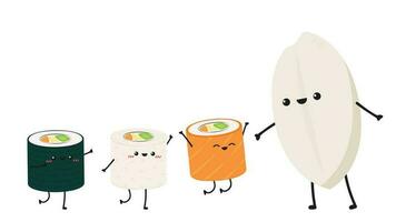 sushi en rijst- karakter sushi Aan wit achtergrond. Zalm rollen. Japan rijst. vector