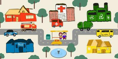 kleurrijk hand- getrokken stad weg krabbels. naadloos auto verkeer elementen illustraties en vector patronen voor kinderen vervoer kunst en ontwerp