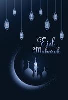 elegant ontwerp van ramadan kareem met hangende fanoos-lantaarn en moskee achtergrond pro vector