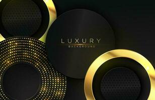 luxe elegante achtergrond met glanzend gouden cirkelelement en stippendeeltje op donker zwart metalen oppervlak vector