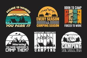 camping t overhemd ontwerp bundel, citaten over camping, avontuur, buitenshuis, camping t shirt, hiking, camping wijnoogst t overhemd ontwerp verzameling vector