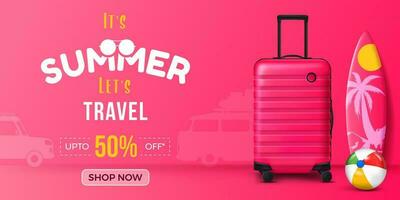 zomer reizen banier ontwerp met koffer, surfboard en strand bal Aan roze achtergrond. zomer vakantie reizen landschap baner vector