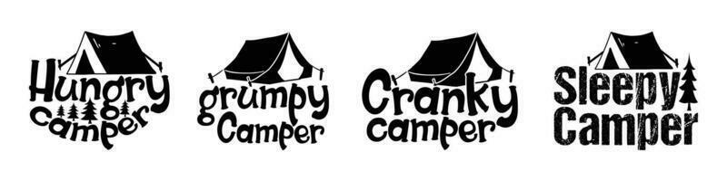 hongerig kampeerder, knorrig kampeerder, slaperig camper t overhemd ontwerp bundel, citaten over camping, avontuur, buitenshuis, camping t shirt, hiking, camping typografie t overhemd ontwerp verzameling vector