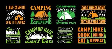 camping t overhemd ontwerp bundel, citaten over camping, avontuur, buitenshuis, camping t shirt, hiking, camping typografie t overhemd ontwerp verzameling vector