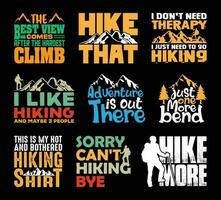 wandelen t overhemd ontwerp bundel, citaten over hiking, wandelen t shirt, hiking, camping, avontuur, buitenshuis typografie t overhemd ontwerp verzameling vector