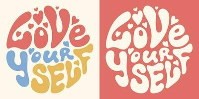 groovy hippie psychedelisch belettering liefde jezelf in vorm van cirkel in retro kleuren van wijnoogst stijl van Jaren 60 jaren 70. modieus tekening inspiratie afdrukken voor poster, kaart, t-shirt vector