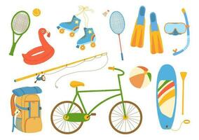 groot reeks items van strand en buitenshuis zomer activiteiten. fiets, rol schaatsen, sup bord, wandelen rugzak, duiken masker en vinnen, badminton, tennis, visvangst hengel. vlak hand- getrokken vector illustratie