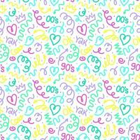 modieus kronkels naadloos patroon. pret kleurrijk lijn tekening met vormen kroon, hart, getallen van jaren 90, 00s, y2k met gekruld confetti. gemakkelijk kinderachtig afdrukken. voor textiel, achtergrond, verpakking vector