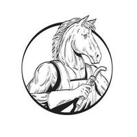 paard hengst met lassen fakkel cirkel lijn tekening zwart en wit vector